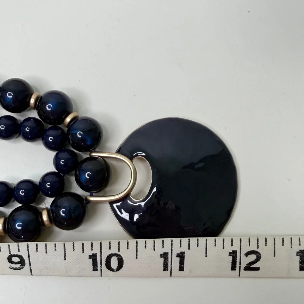 Chico's Beaded Necklace Womens Navy Blue Gold Statement Pendant Coastal OS